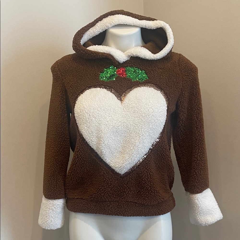 Kids Brown Holiday Heart Hooded Pajama Top with White Sherpa